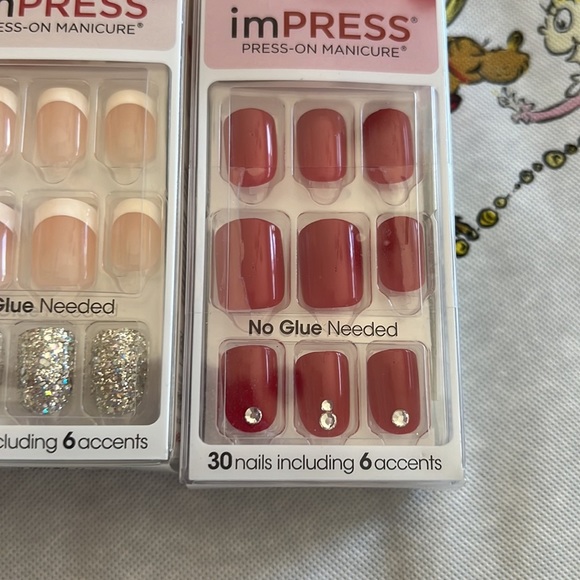 Impress press on nails French manicure, red rhinestone silver glitter - Picture 4 of 4